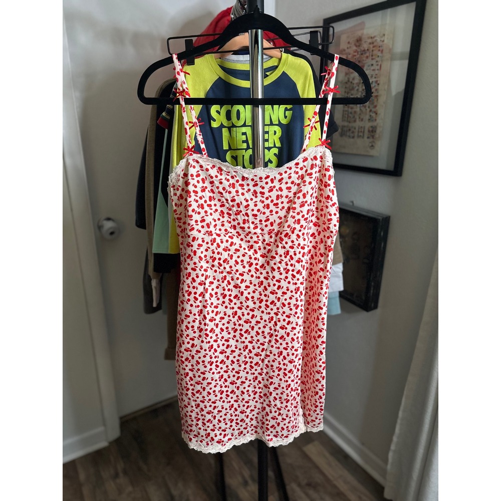 Wild Fable Cherry Print Mini Slip Dress Red White Lace Trim Bow Straps Medium